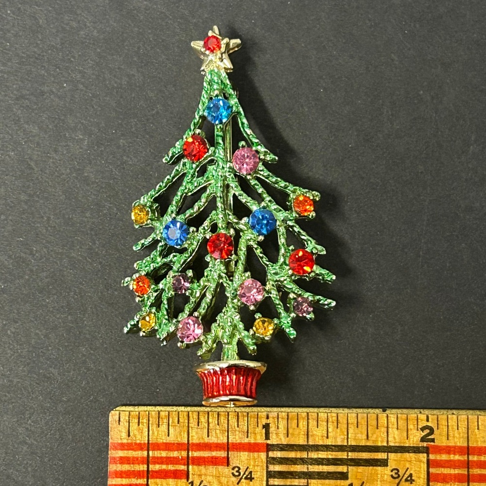 Christmas Tree Brooch Green Excellent Rhinestone Enamel Pin - Picture 3 of 4